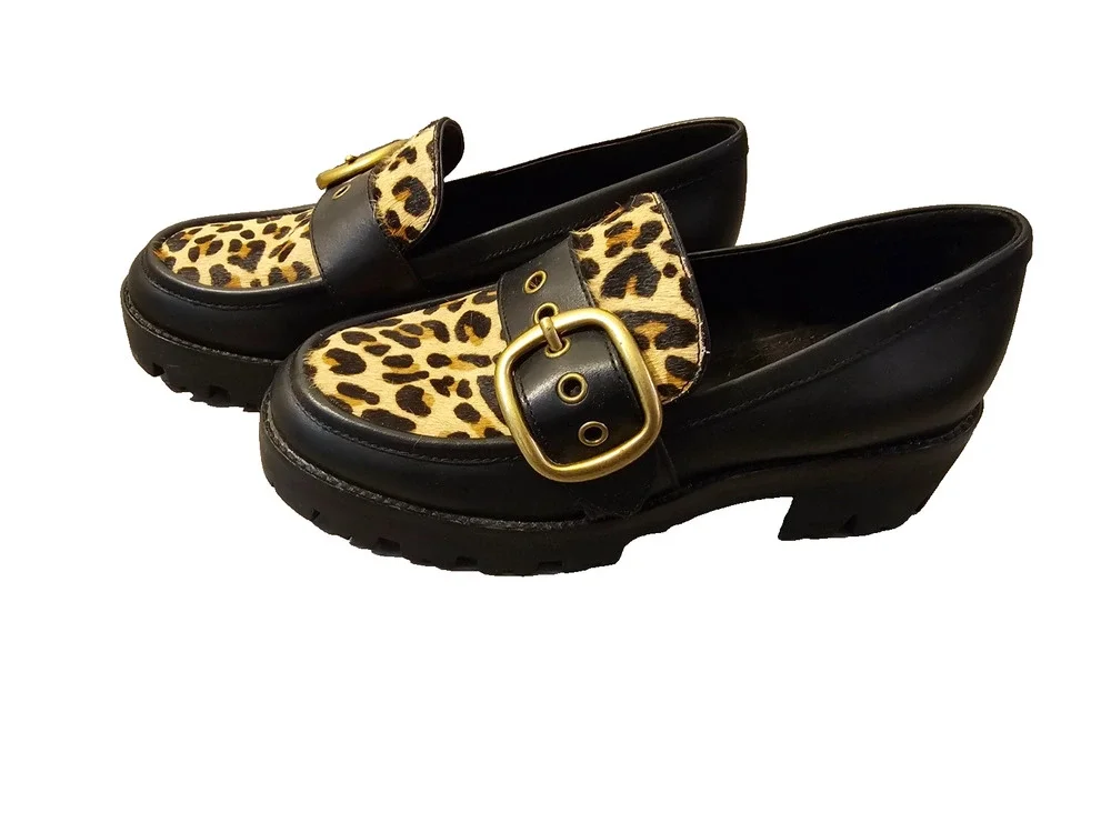 Coach G2452 Womens Grand Calf Hair Leopard Loafer Size 7B Chunky Shoes